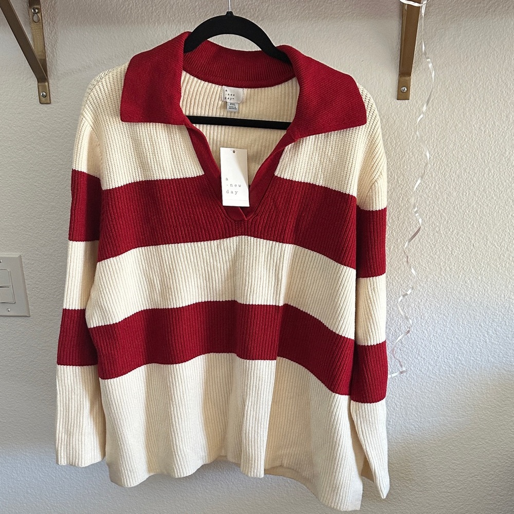 A New Day Women's NEW V-Neck Sweater Red/Cream